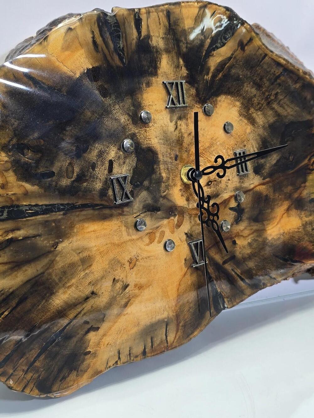 MCM Wall Clock Burl Wood Tree Slab Lacquered Unique Handcrafted Live Edge Wood.
